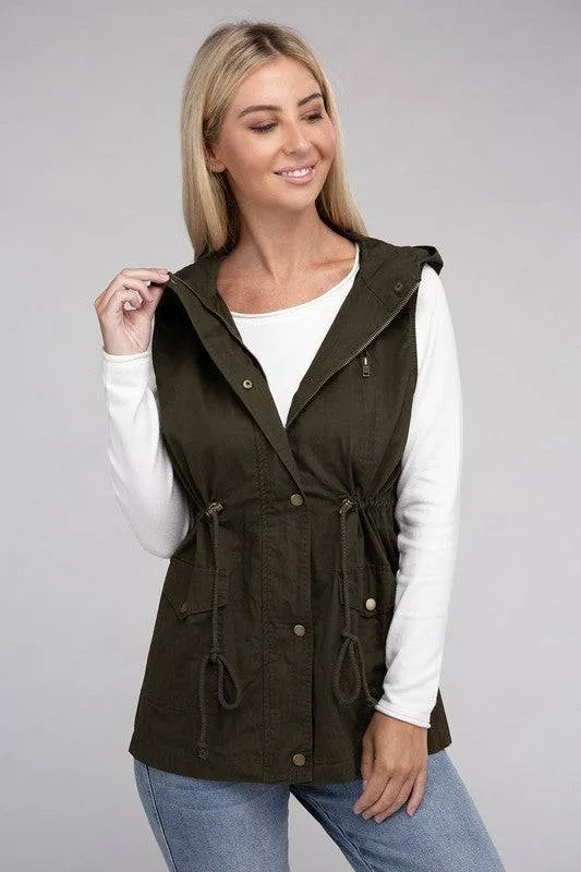 Drawstring Waist Military Hoodie Vest