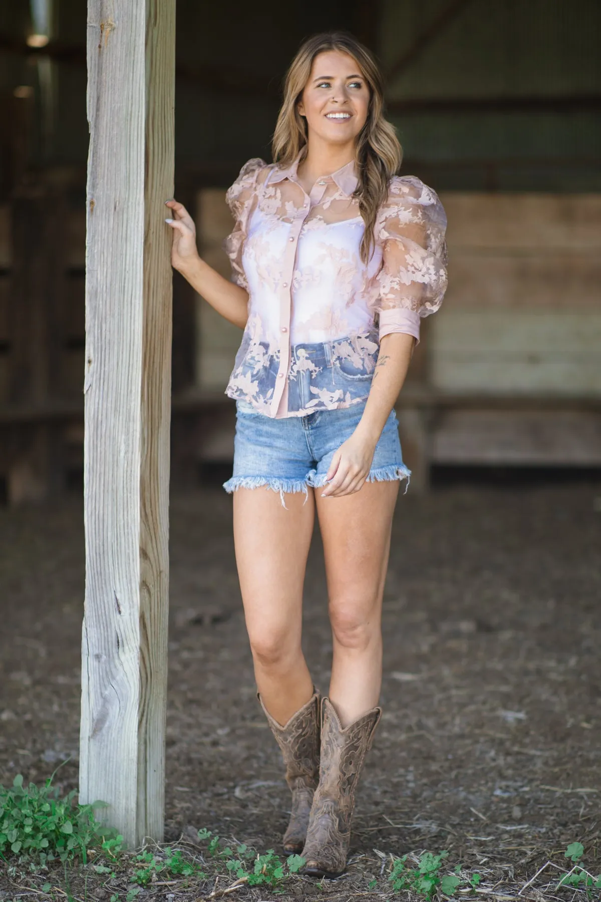 Dusty Rose Floral Lace Applique Puff Sleeve Top