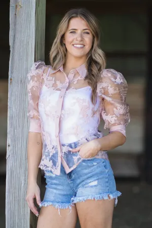 Dusty Rose Floral Lace Applique Puff Sleeve Top