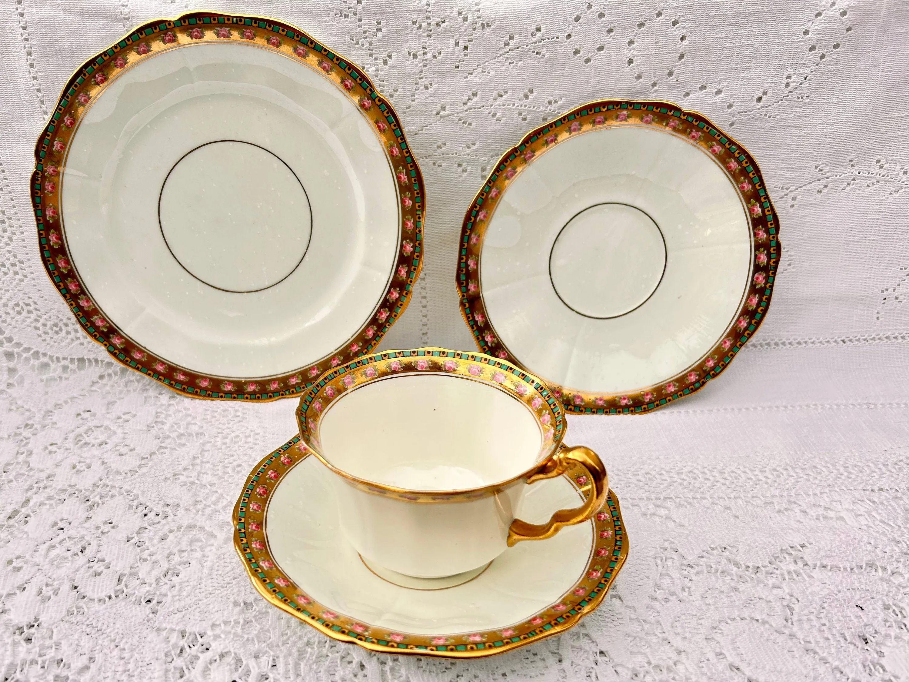 E Hughes Pink Rose Teacup Trio