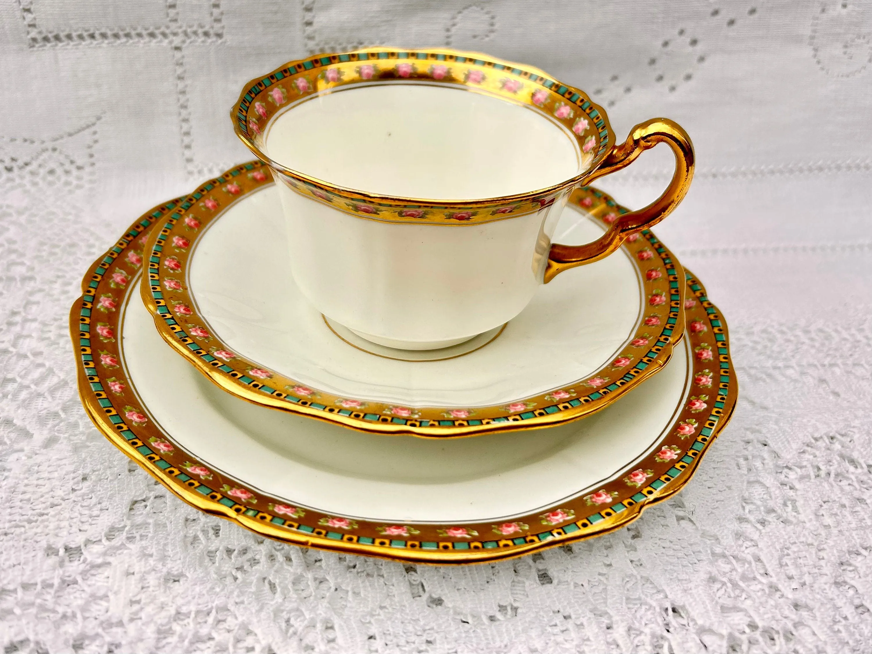 E Hughes Pink Rose Teacup Trio