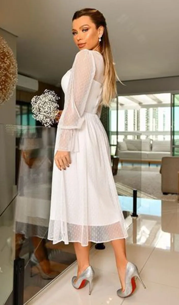 Elegant A-line Long Sleeve Tea Length Wedding Dresses