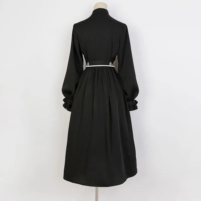 Elegant Black Vintage Embroidery Belted Pleated Dress