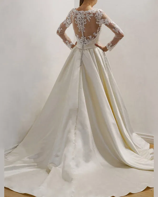 Elegant Champagne Satin Lace Wedding Dresses with Full Sleeve Modest Lace Bridal Gowns 2019