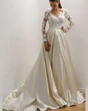 Elegant Champagne Satin Lace Wedding Dresses with Full Sleeve Modest Lace Bridal Gowns 2019