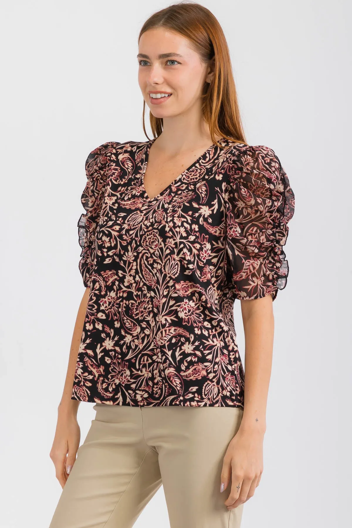 Elegant Ruffle Puff Sleeve Mix Media Fashion Tee