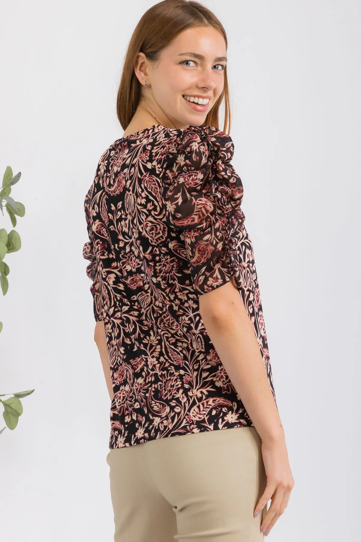 Elegant Ruffle Puff Sleeve Mix Media Fashion Tee