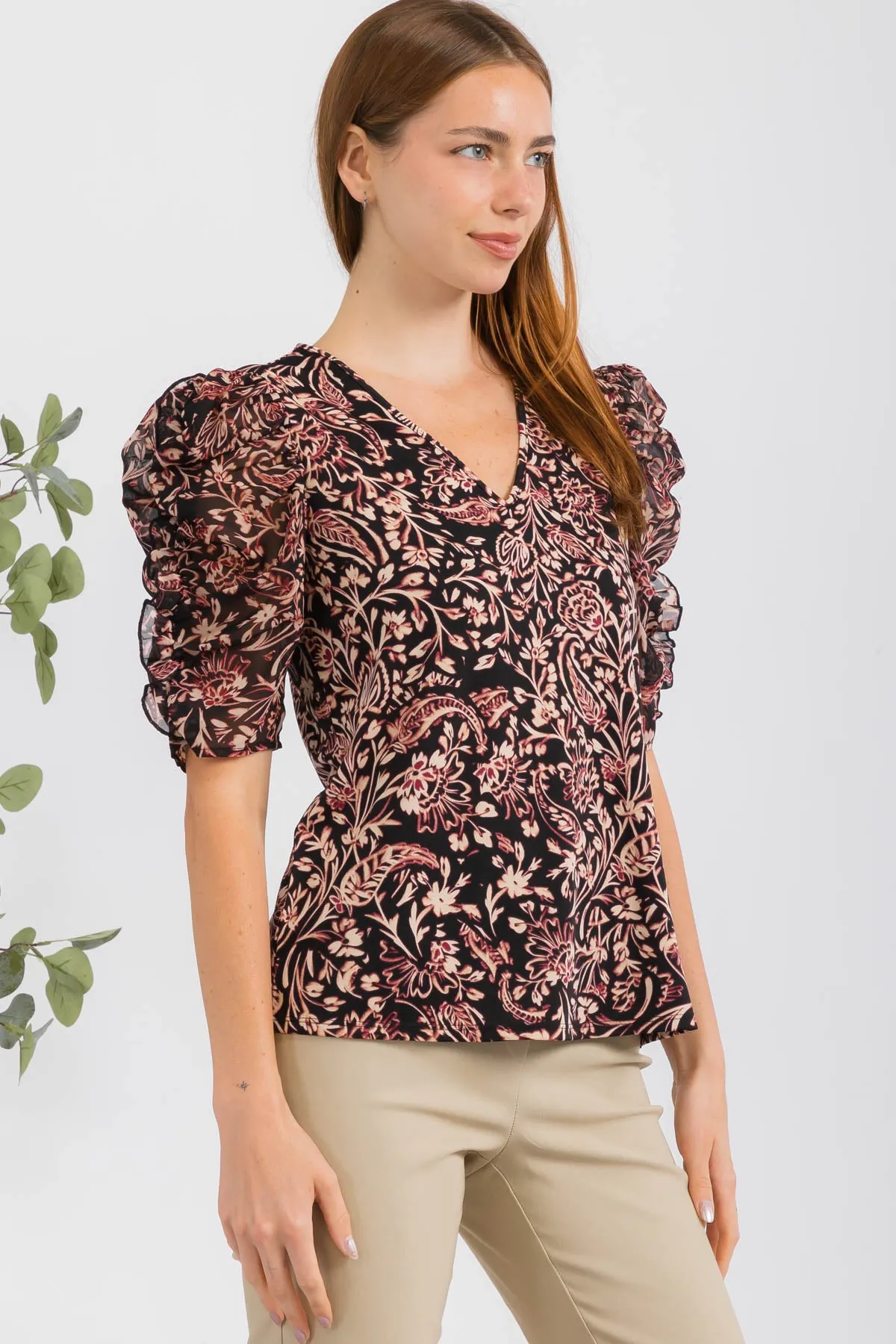Elegant Ruffle Puff Sleeve Mix Media Fashion Tee