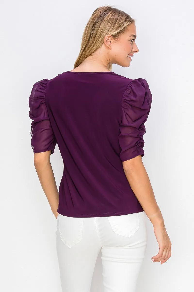 Elegant Ruffle Puff Sleeve Mix Media Fashion Tee