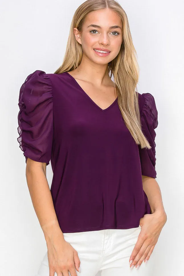 Elegant Ruffle Puff Sleeve Mix Media Fashion Tee