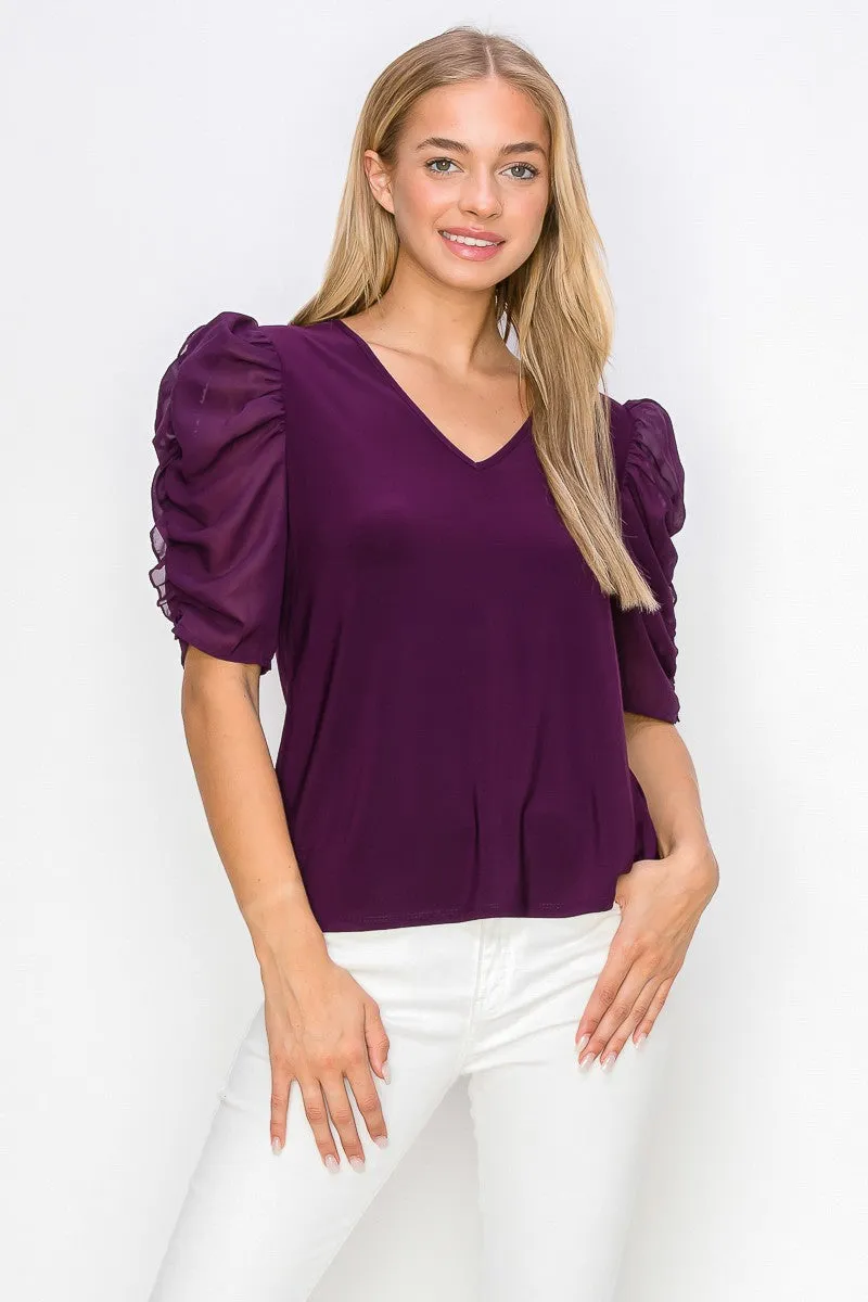 Elegant Ruffle Puff Sleeve Mix Media Fashion Tee