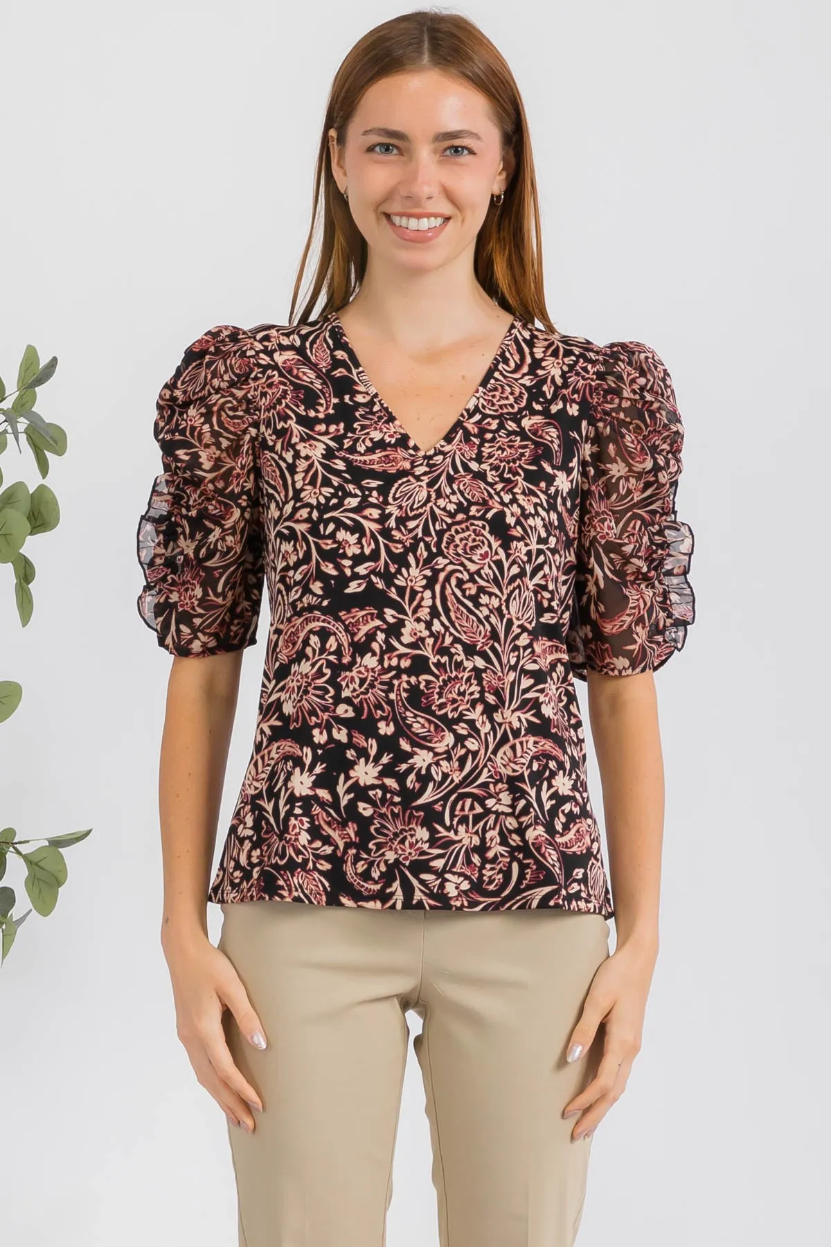 Elegant Ruffle Puff Sleeve Mix Media Fashion Tee