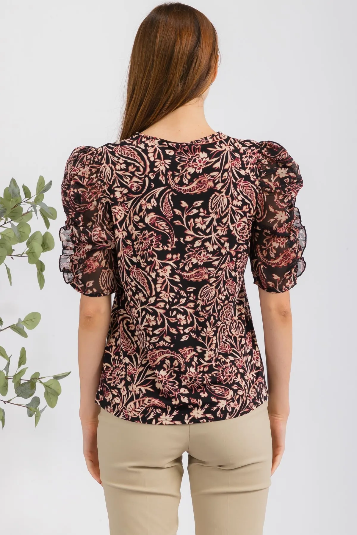 Elegant Ruffle Puff Sleeve Mix Media Fashion Tee