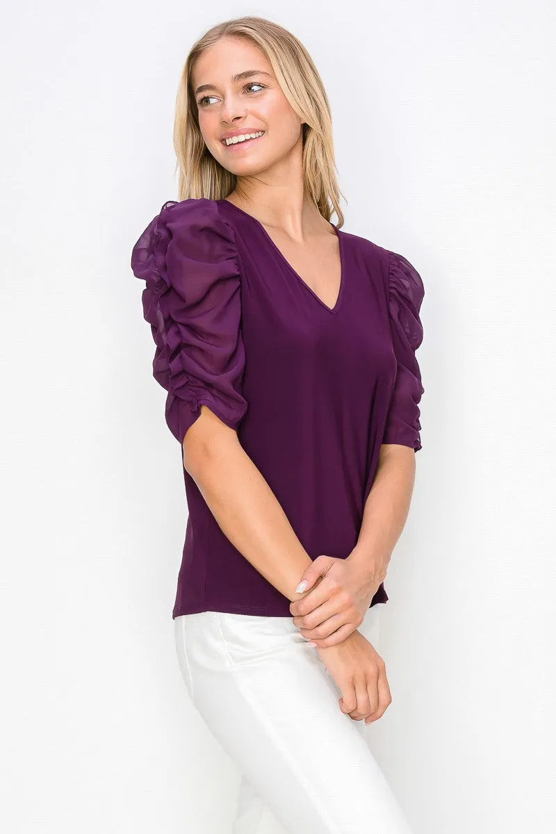 Elegant Ruffle Puff Sleeve Mix Media Fashion Tee