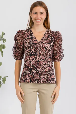 Elegant Ruffle Puff Sleeve Mix Media Fashion Tee