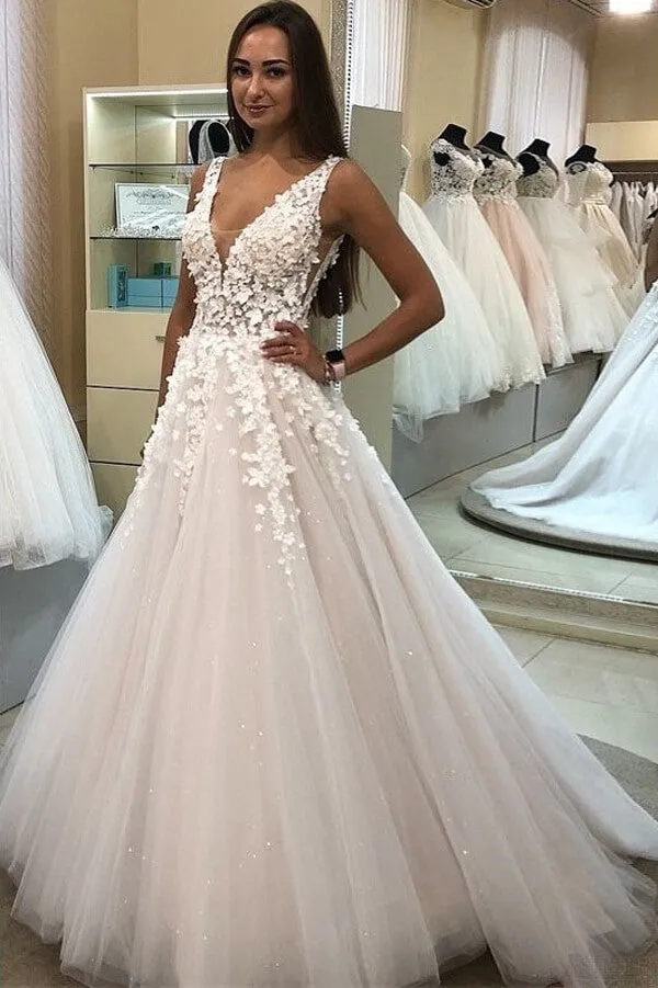 Elegant Tulle A-line V-neck Wedding Dresses with Appliques, Bridal Gown, MW665