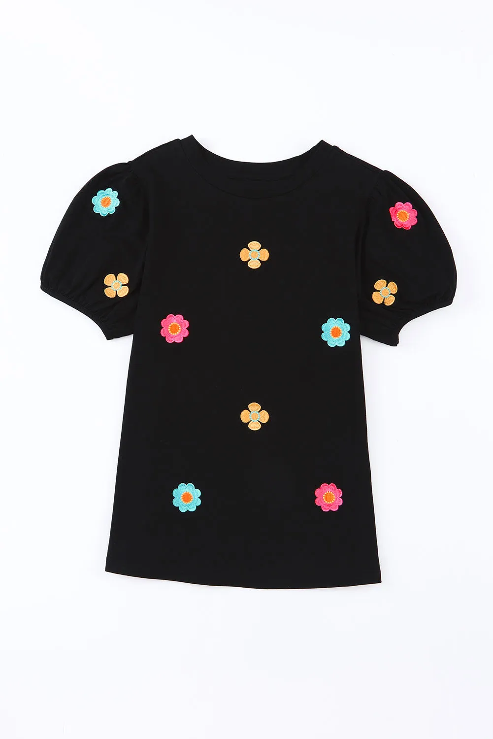 Embroidered Flower Puff Sleeve Tee