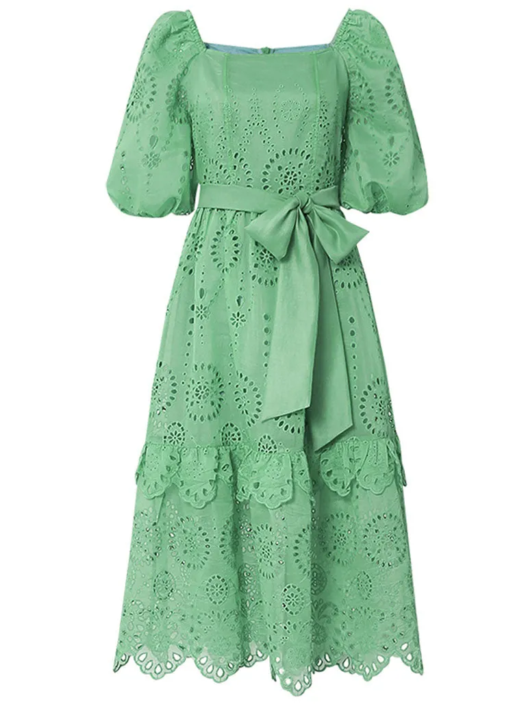 Embroidered Square Collar Puff Sleeve Vintage Dress Boho Dress