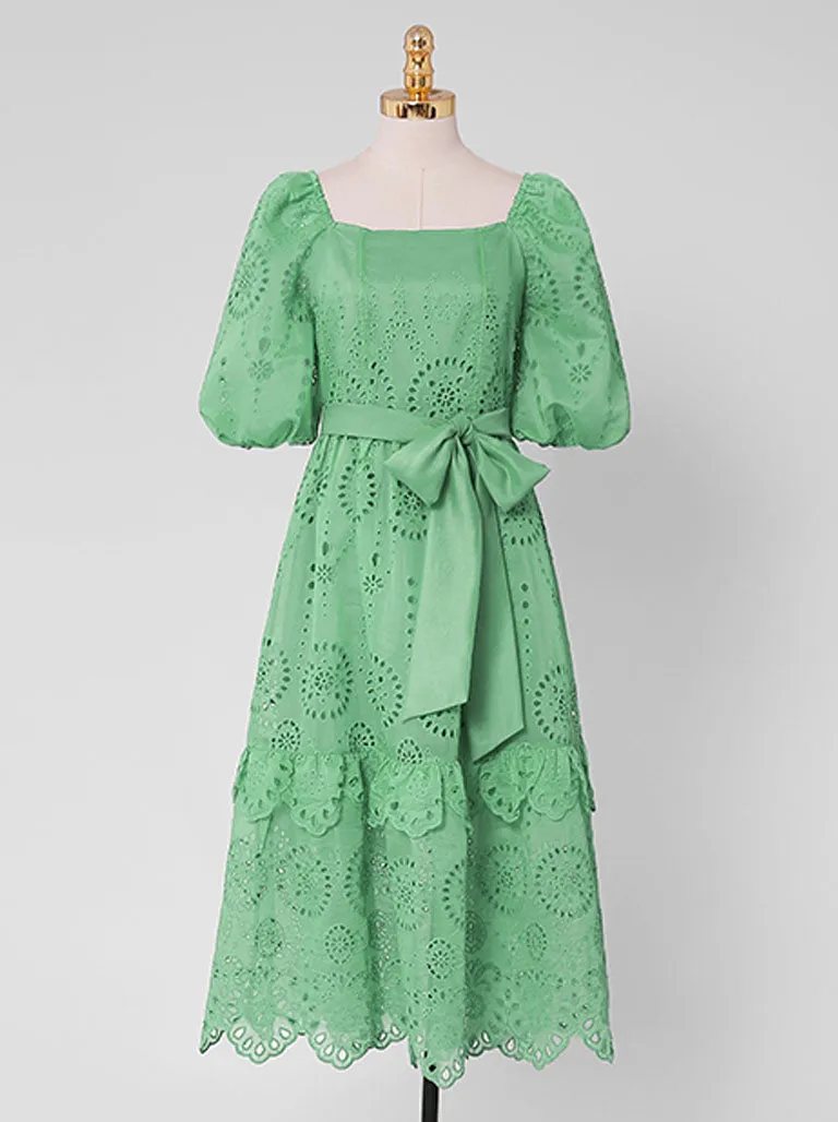 Embroidered Square Collar Puff Sleeve Vintage Dress Boho Dress