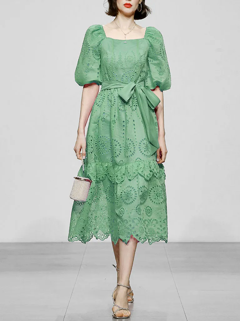 Embroidered Square Collar Puff Sleeve Vintage Dress Boho Dress