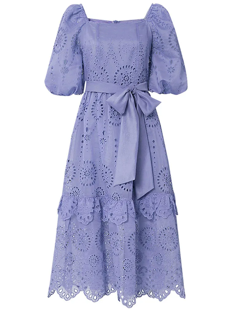 Embroidered Square Collar Puff Sleeve Vintage Dress Boho Dress