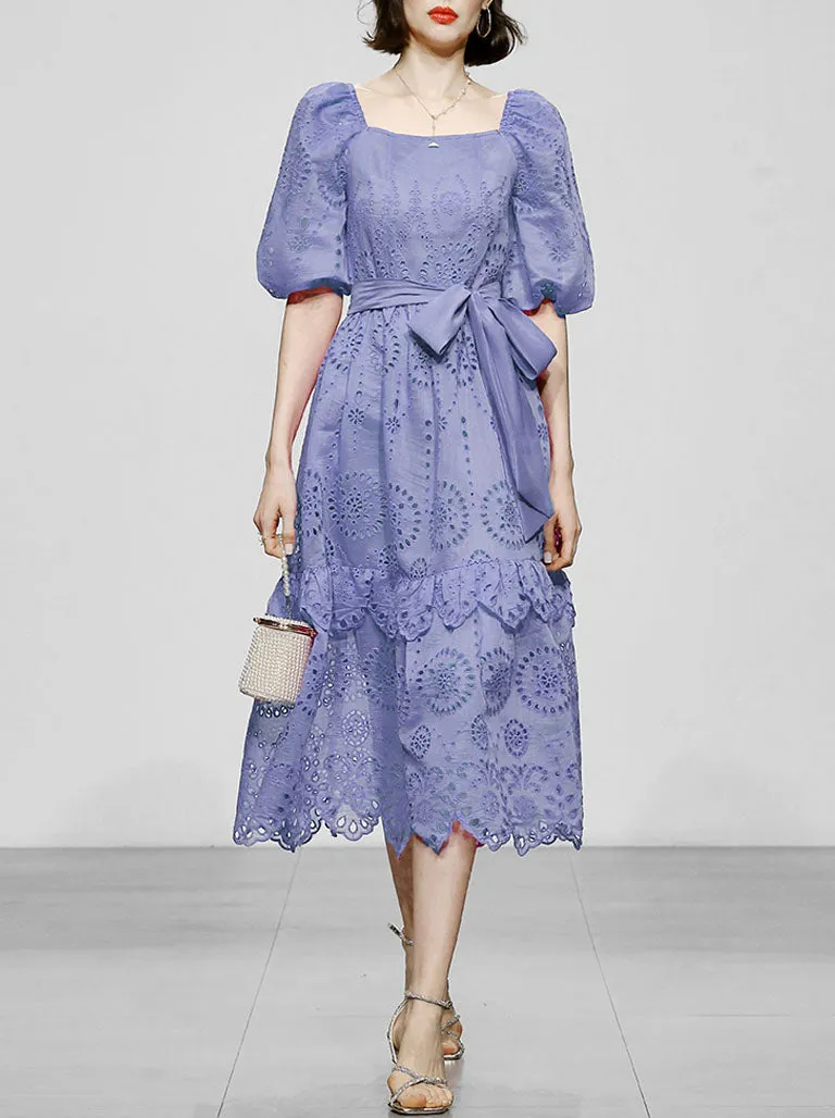 Embroidered Square Collar Puff Sleeve Vintage Dress Boho Dress