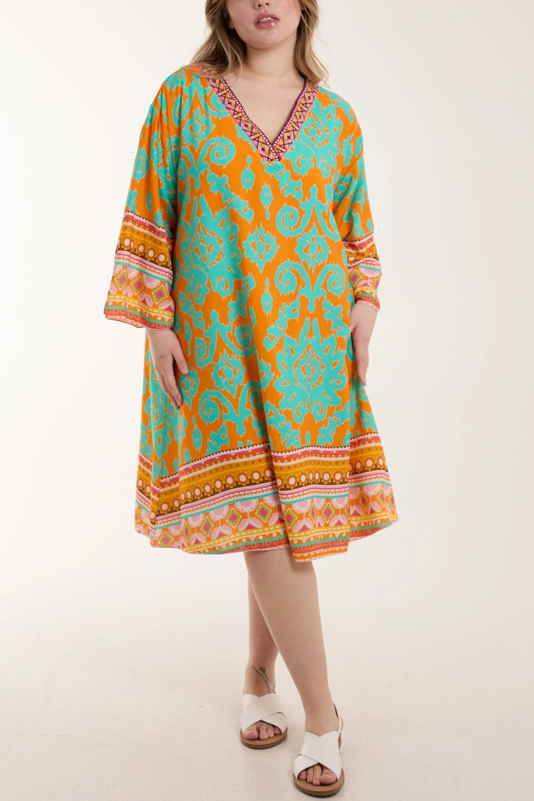 Embroidery V-Neck Printed Tunic Dress