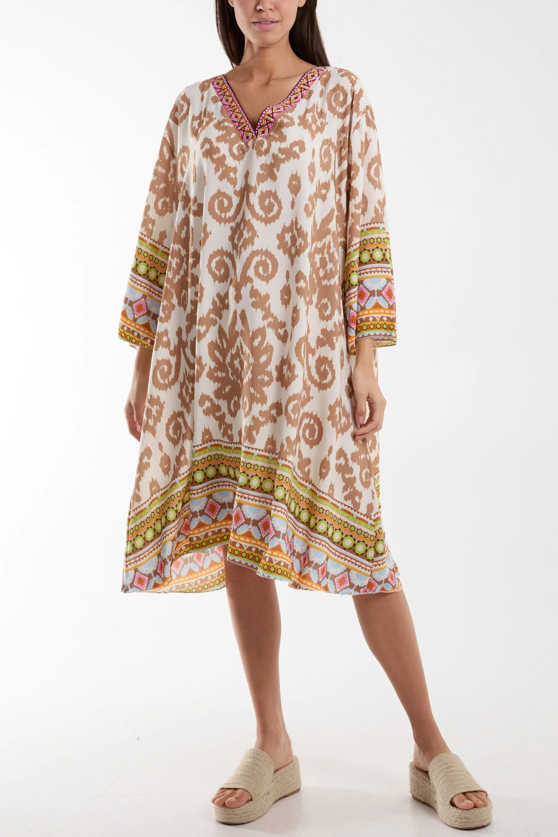 Embroidery V-Neck Printed Tunic Dress