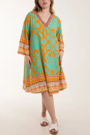 Embroidery V-Neck Printed Tunic Dress