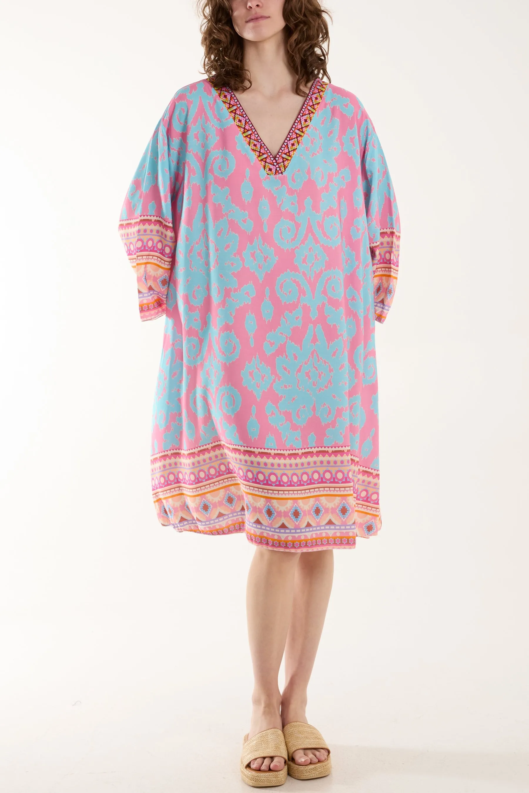 Embroidery V-Neck Printed Tunic Dress