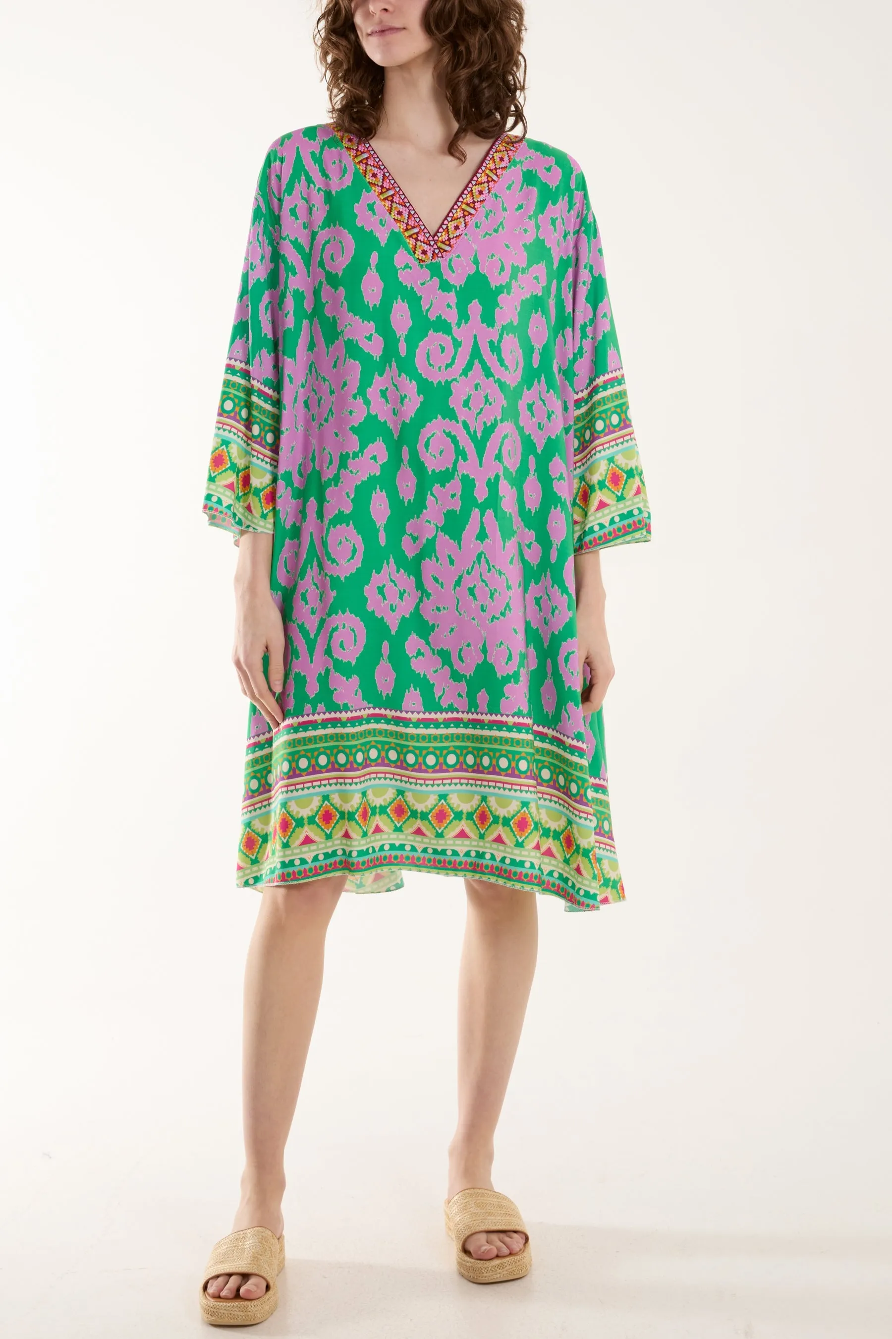 Embroidery V-Neck Printed Tunic Dress