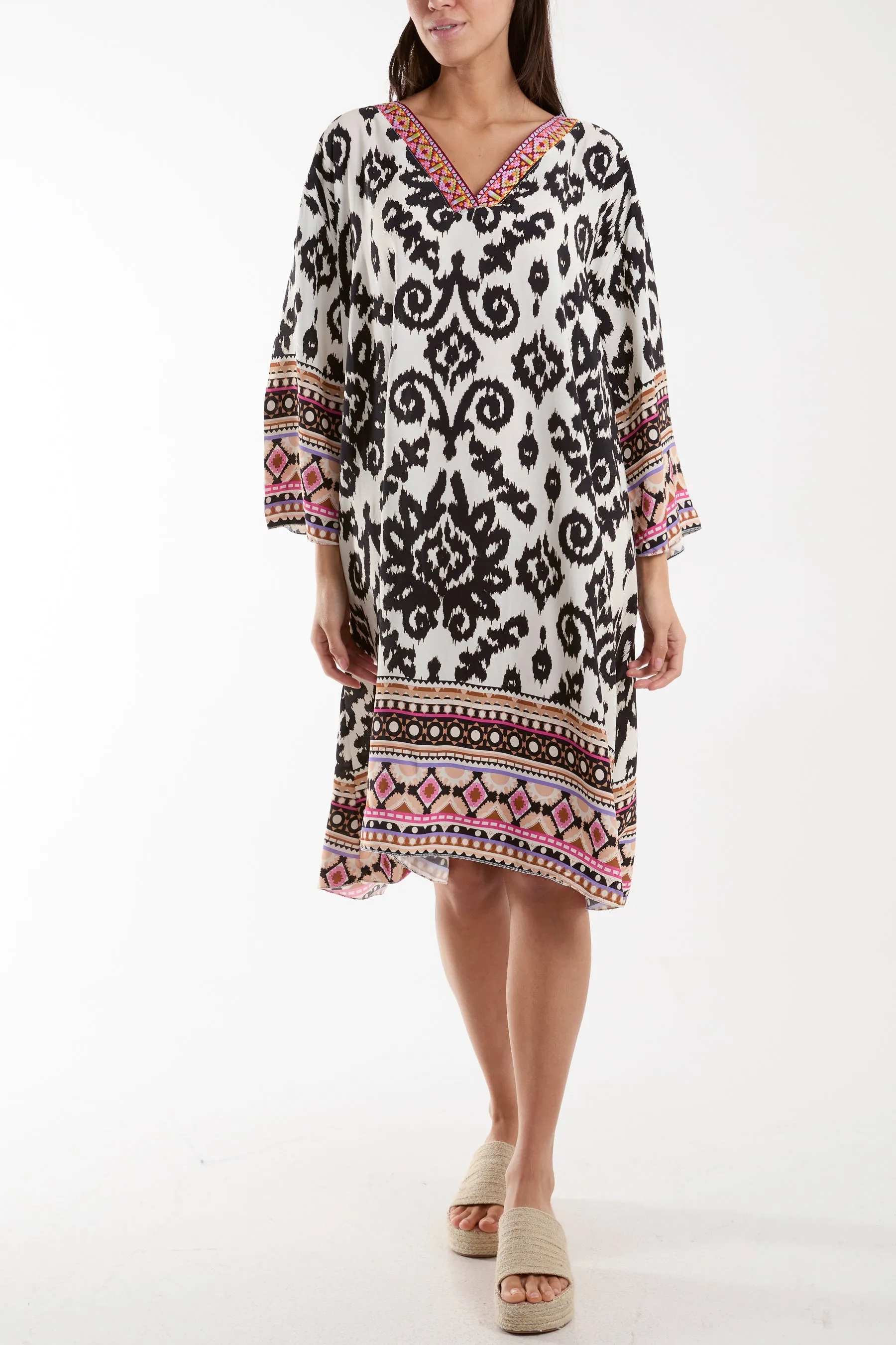 Embroidery V-Neck Printed Tunic Dress