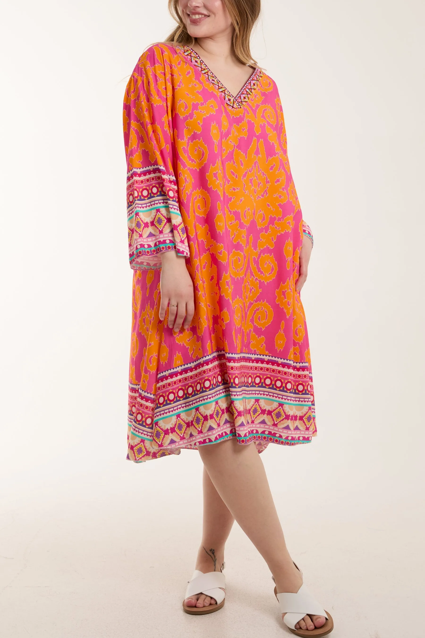 Embroidery V-Neck Printed Tunic Dress