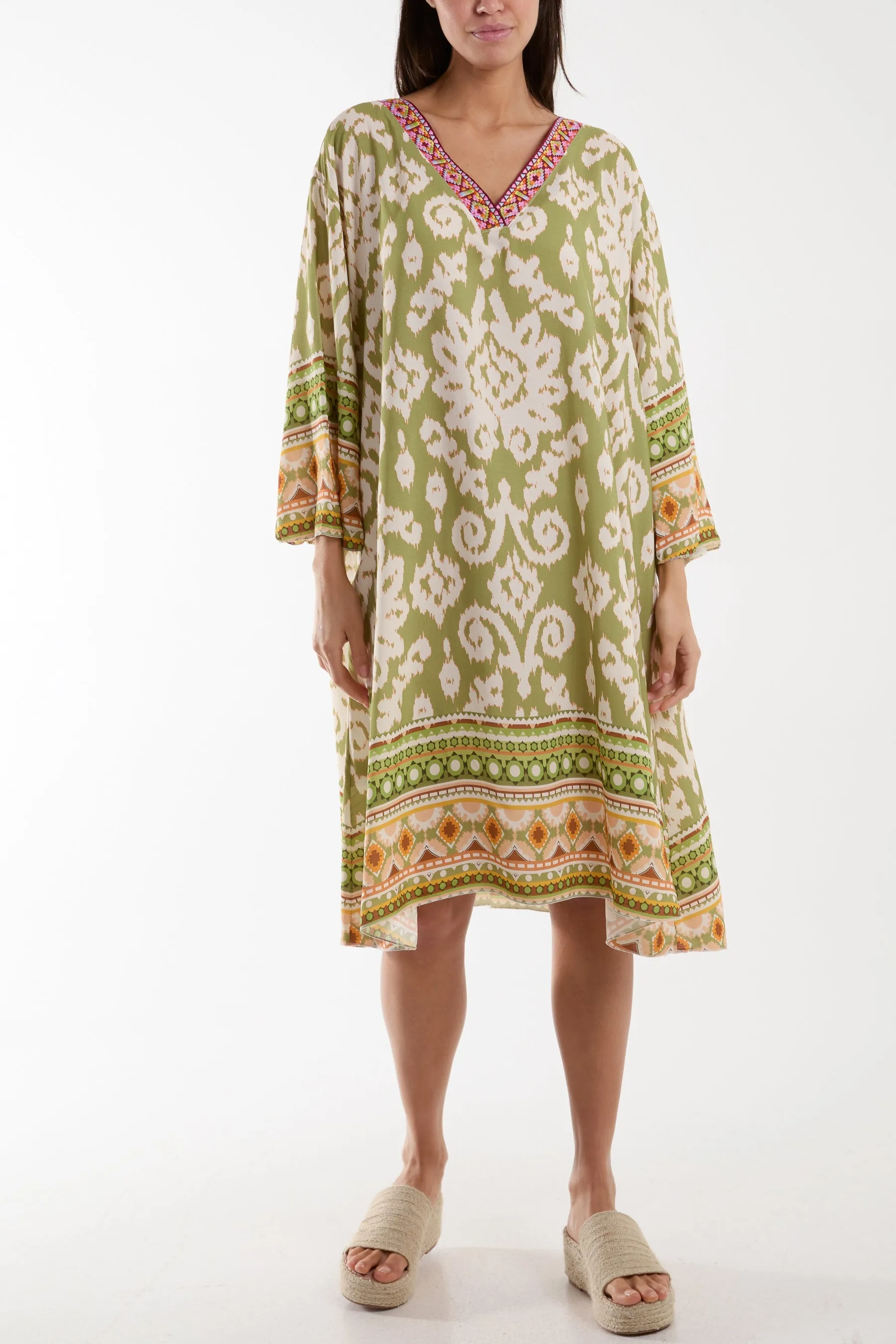 Embroidery V-Neck Printed Tunic Dress