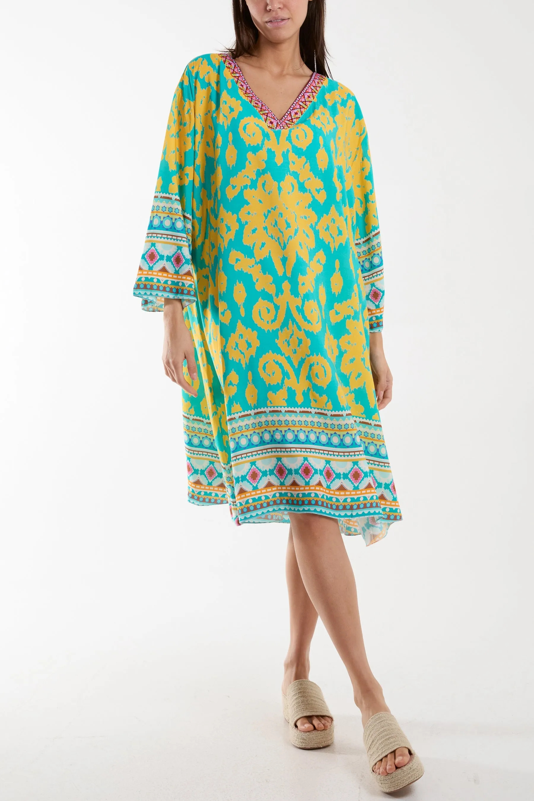 Embroidery V-Neck Printed Tunic Dress