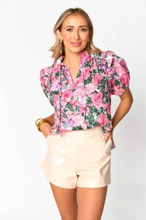Essie Royalty Pink Floral Ruffle Puff Sleeve Top