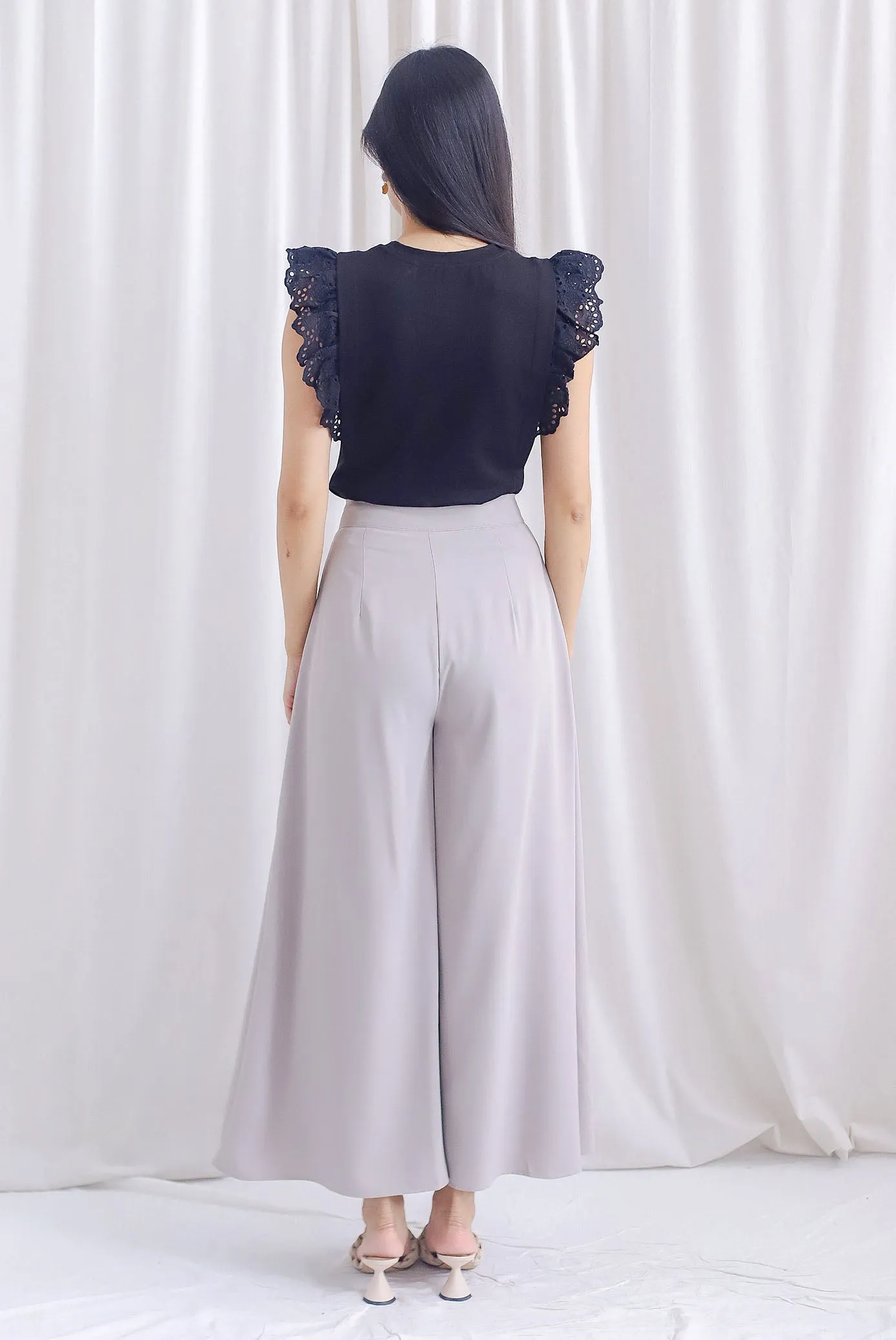 Estelle Eyelet Flutter Sleeve Top In Black