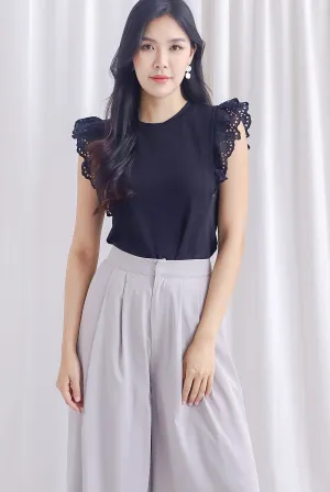 Estelle Eyelet Flutter Sleeve Top In Black