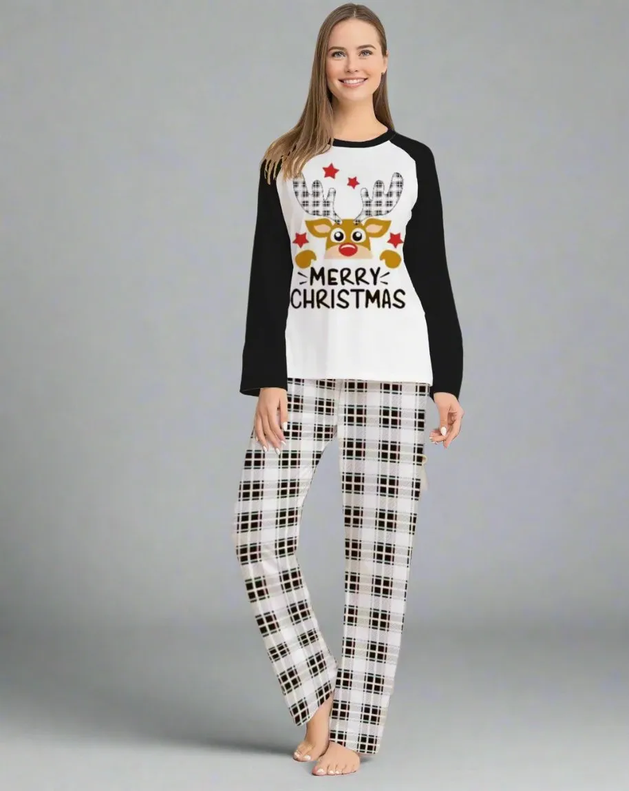 Family Matching Christmas Pajama Set - Plaid Pants with Cute Reindeer Print in Black & White