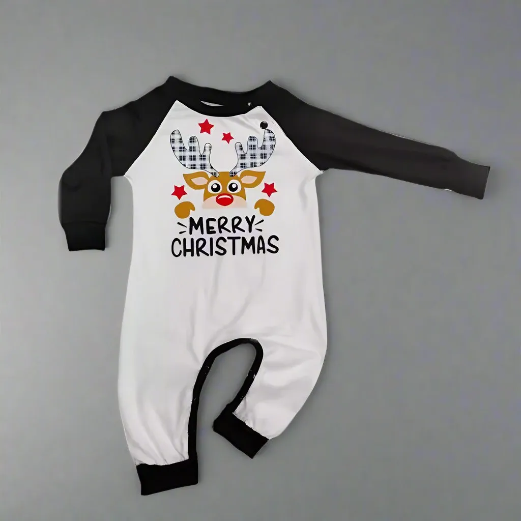 Family Matching Christmas Pajama Set - Plaid Pants with Cute Reindeer Print in Black & White