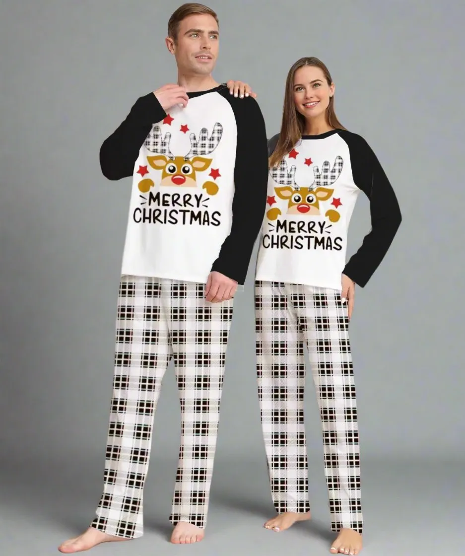 Family Matching Christmas Pajama Set - Plaid Pants with Cute Reindeer Print in Black & White