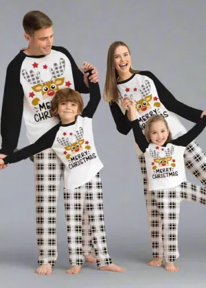 Family Matching Christmas Pajama Set - Plaid Pants with Cute Reindeer Print in Black & White