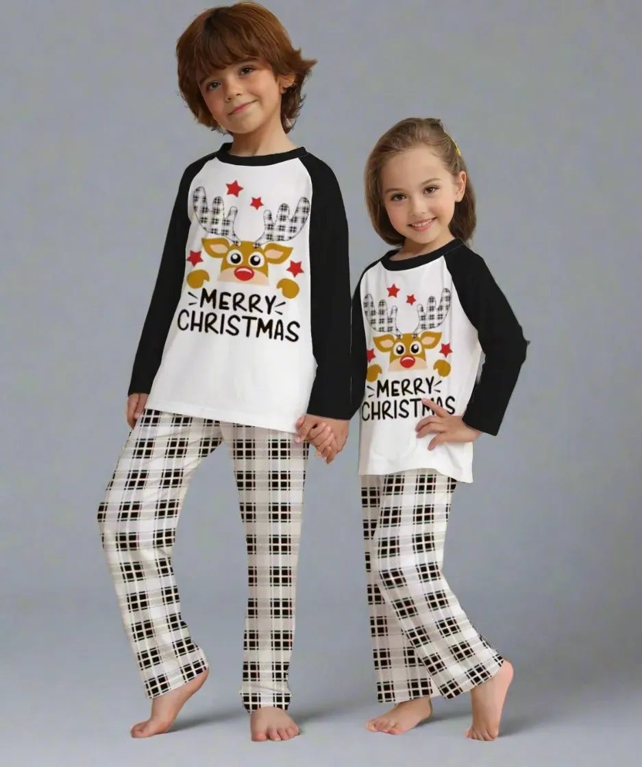 Family Matching Christmas Pajama Set - Plaid Pants with Cute Reindeer Print in Black & White