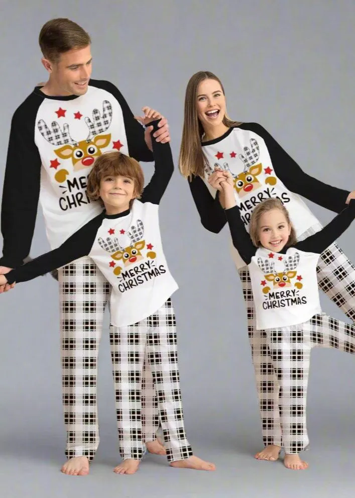 Family Matching Christmas Pajama Set - Plaid Pants with Cute Reindeer Print in Black & White