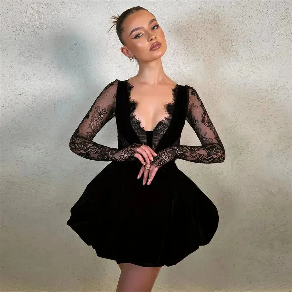 Fashion Satin Prom Dresses V-Neck Long Lace Sleeves Ruched Above Knee Homecoming Dresses vestidos de graduación