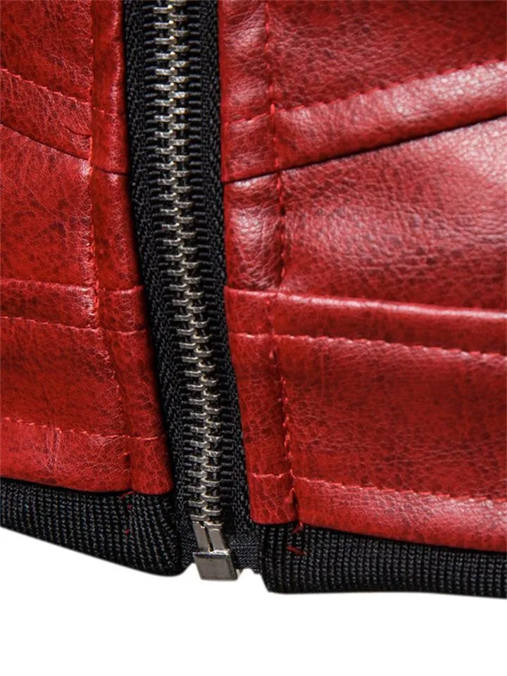 Fashion Solid Color Zipper Stitching Fur Collar Men's Leather Jacket