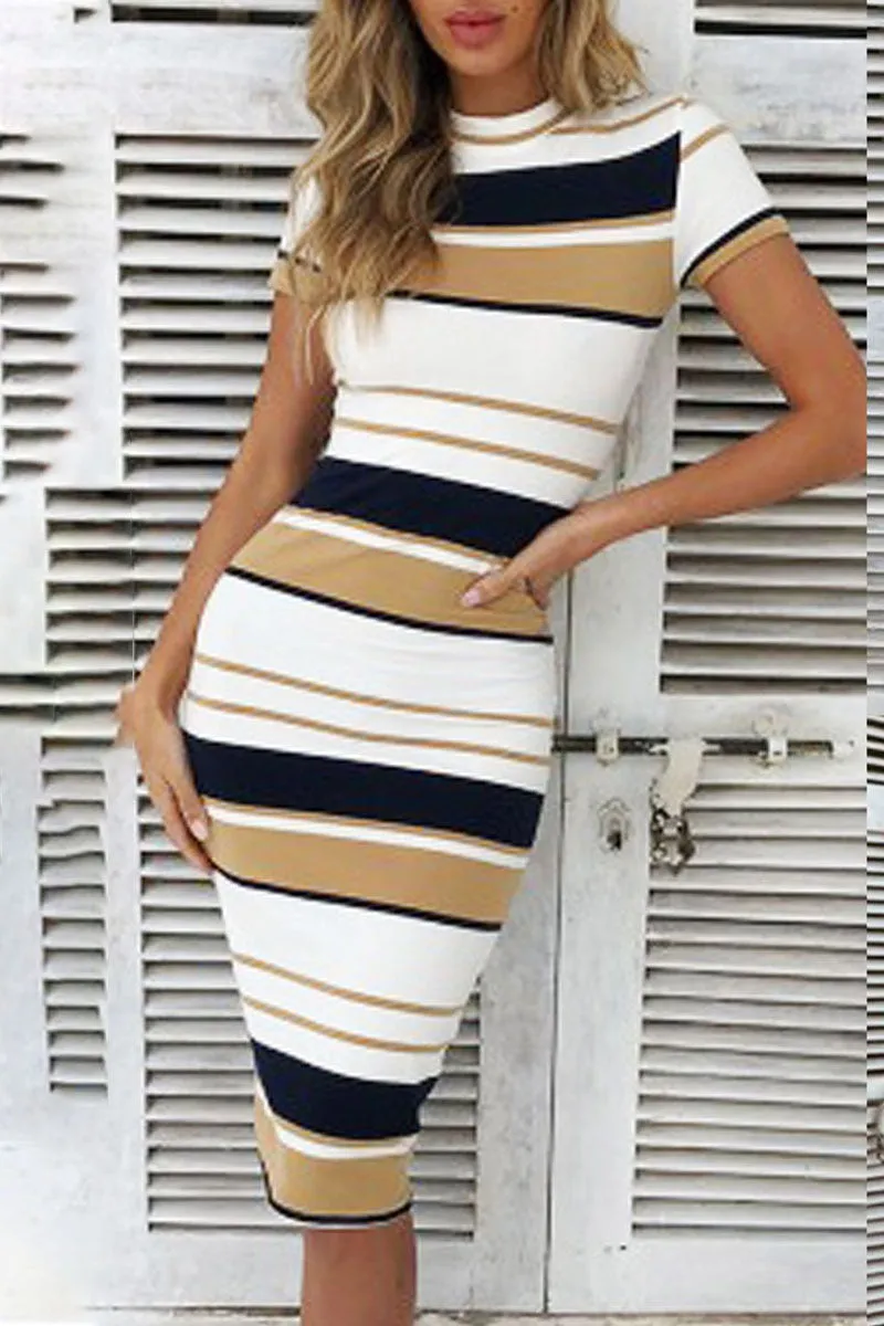 Fashion Vintage Striped Patchwork O Neck A Line Dresses
