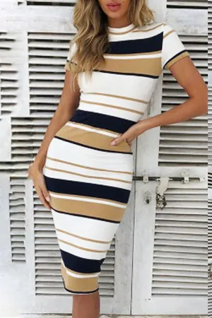 Fashion Vintage Striped Patchwork O Neck A Line Dresses