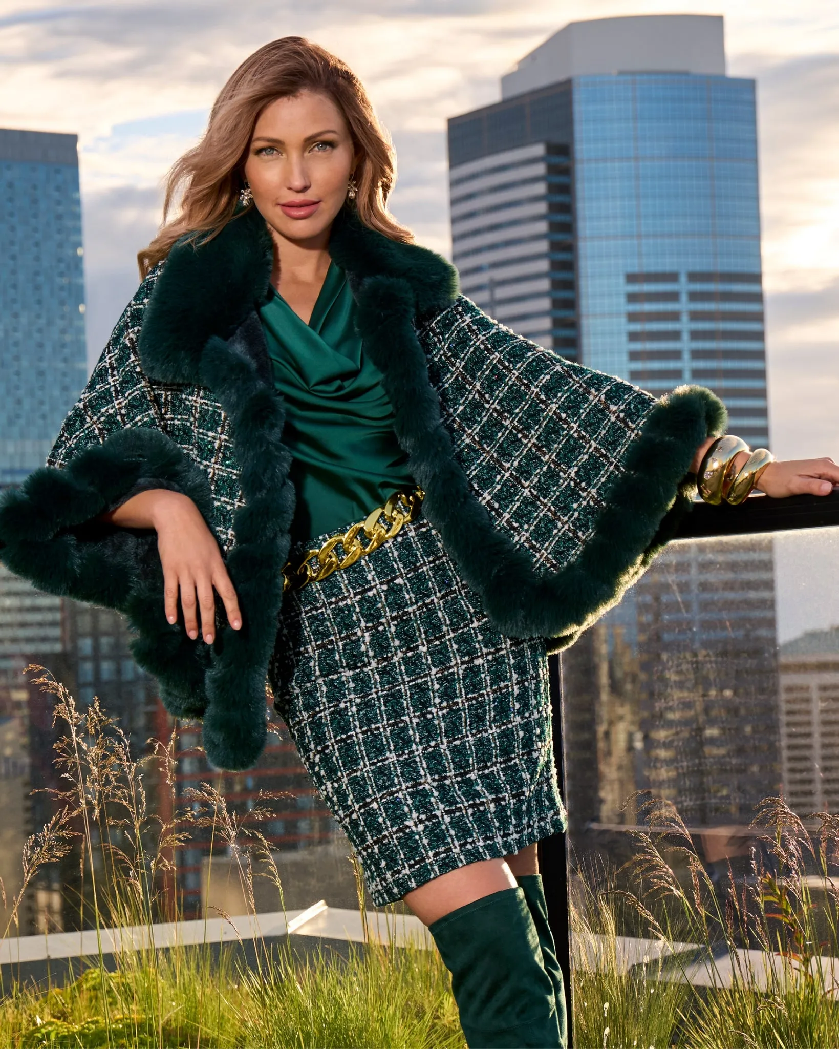 Faux Fur Trim Tweed Shawl Deep Emerald