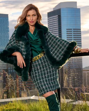 Faux Fur Trim Tweed Shawl Deep Emerald